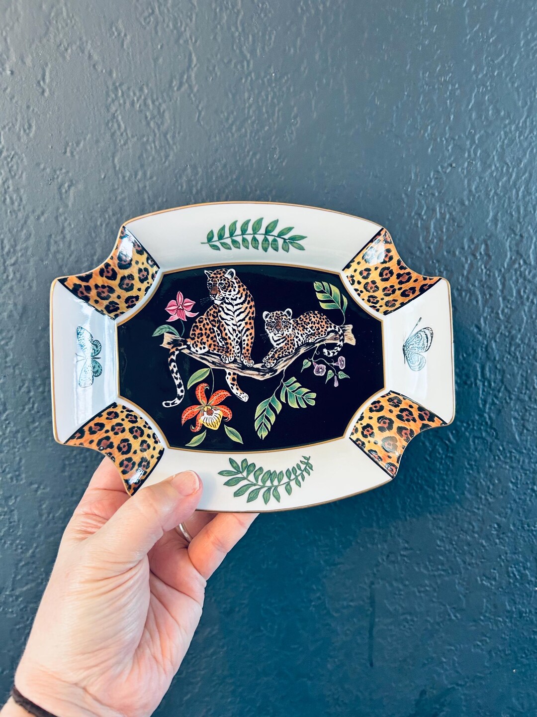 Lynn Chase Jaguar Jungle Octagon Serving Dish Tray 1994 Signed