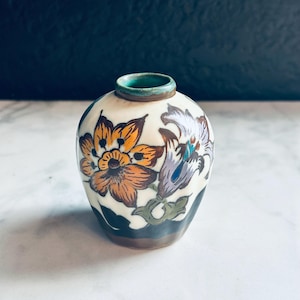 Royal Dora Gouda Dutch Art Pottery signed art nouveau floral holland Mini Vase Hand Painted 3.25&quot;T