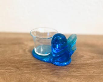 Blue Bird of Happiness gesigneerd Leo ward 1993 Glass Blue Bird met kandelaar 4,5" theelichtje votief