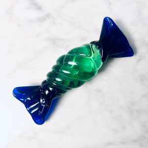 Jumbo 6” Studio Art Glass Hand Blown paperweight Wrapped Hard Candy Paperweight Green Blue