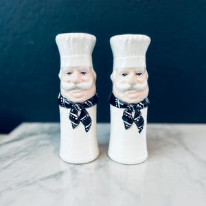 italian  Chef Salt and Pepper Shakers Vintage Ceramic black Neckerchief Mustache
