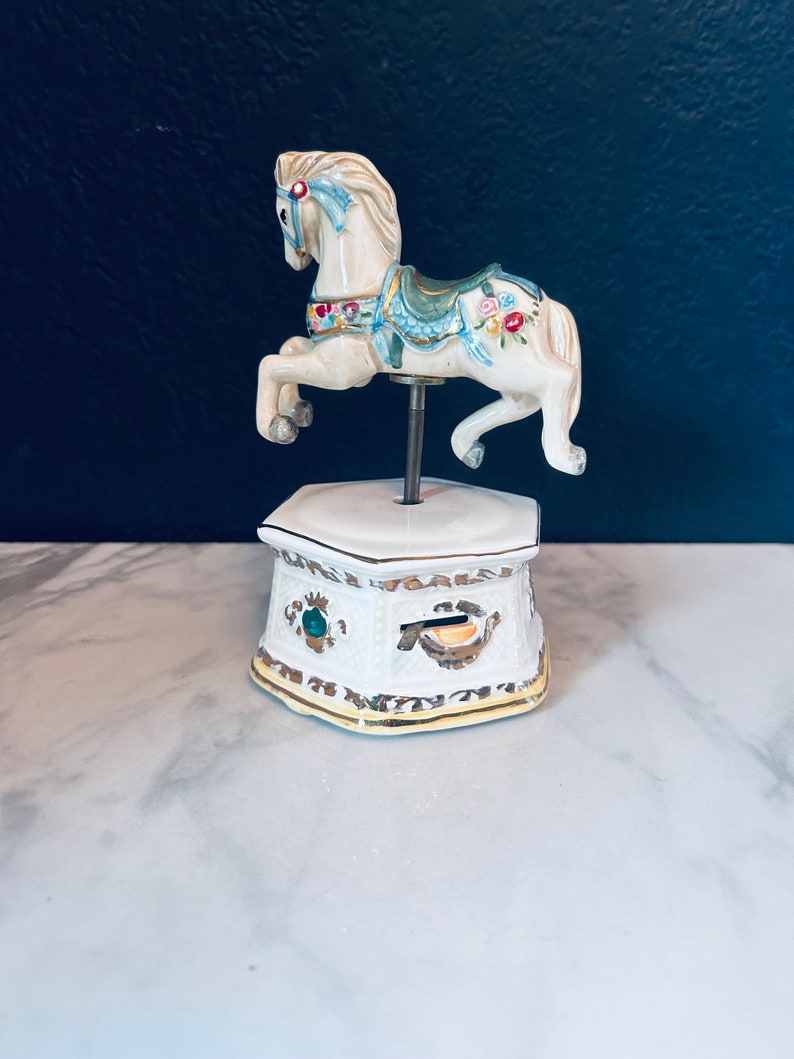 Vintage Schmid Musical Hand Painted 1987 Porcelain Moving Carousel Horse 80s image 1