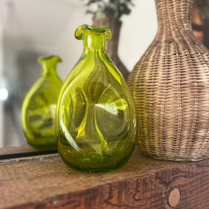 Blenko olive green glass pinched decanter bottle #49 8” h handblown glass