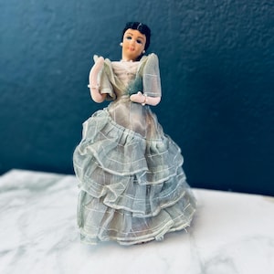 Doll in evening gown with wooden built in base with 9.5” h MCm 60s detailed