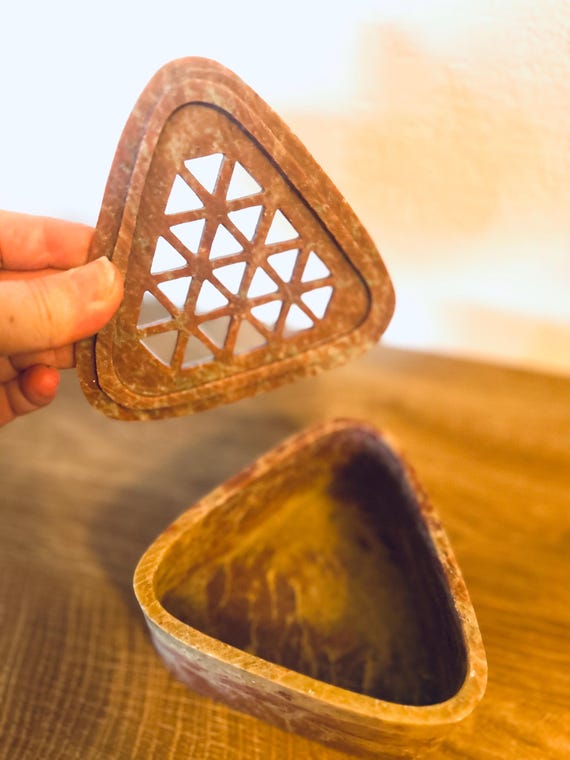 Indian Soapstone Triangular  Box Reticulated Lid … - image 6