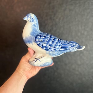 ceramic bird pigeon dove 9” length decor figurine blue and white