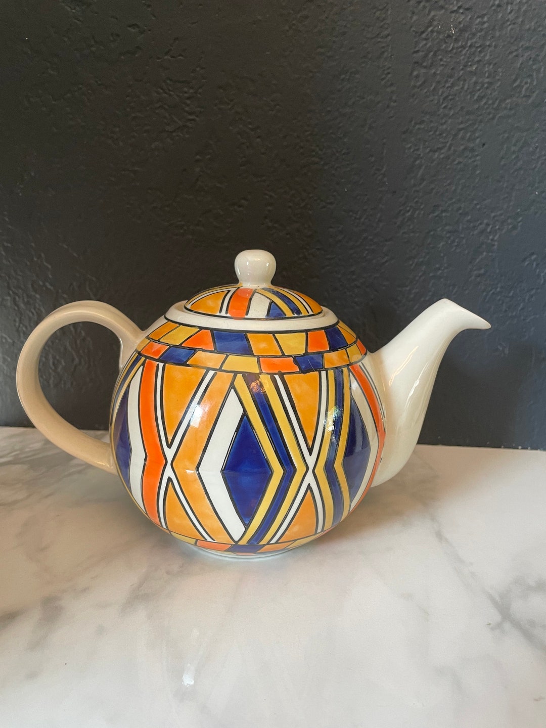 West Elm Teapot Ceramic Geometric Design Kettle Etsy