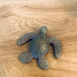 May include: A small, dark bronze-toned metal sea turtle figurine featuring a textured shell and flipper pattern. The turtle has a weathered, aged patina with subtle hints of green and brown oxidation across its surface, showing a detailed scale design.