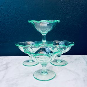 Uranium Scalloped Sherbert cups set 4 Vaseline depression glass 20’s dessert