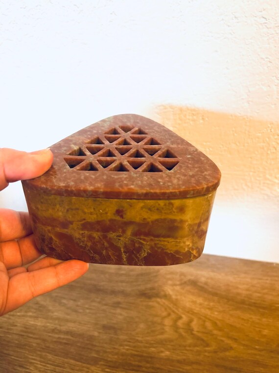 Indian Soapstone Triangular  Box Reticulated Lid … - image 7