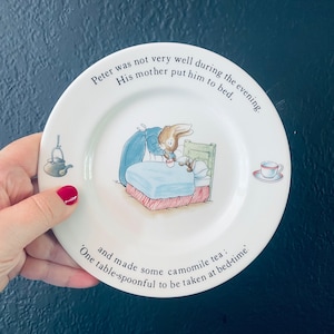 May include: A white ceramic plate with a blue rim features a Peter Rabbit illustration. The plate has text that reads: "Peter was not very well during the evening. His mother put him to bed. and made some camomile tea: One table-spoonful to be taken at bed-time."