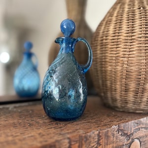cruet Hand Blown blue Glass with Stopper 6 in.