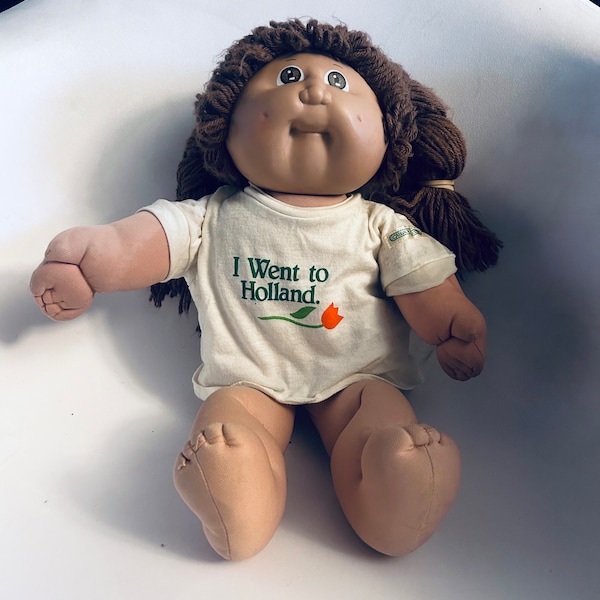 Cabbage Patch Kids Doll 1985 Brown Hair Eyes Dimples CPK Holland Shirt 80s