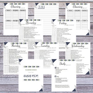 May include: A collection of printable cleaning checklists and to-do lists, featuring a minimalist design with a wooden background. The checklists include daily, weekly, and room-specific tasks, with text that reads "Cleaning Checklist" and "Cleaning Binder for the Busy Mom."