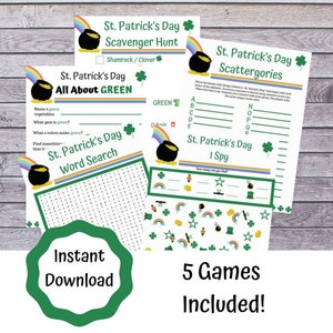 May include: A collection of St. Patrick's Day themed printable games. The games include a scavenger hunt, word search, I Spy, and more. Each game sheet features green accents, shamrocks, rainbows, and pots of gold. The words "Instant Download" and "5 Games Included!" are also visible.