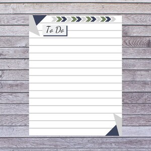 May include: A white lined notepad with the words "To Do" in a navy blue box. The top border features a pattern of gray, green, and navy blue arrows. Geometric shapes in navy blue and gray accent the corners.
