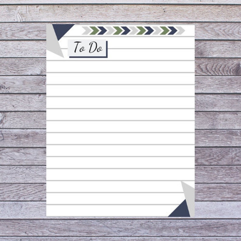 May include: A white lined notepad with the words "To Do" in a navy blue box. The top border features a pattern of gray, green, and navy blue arrows. Geometric shapes in navy blue and gray accent the corners.