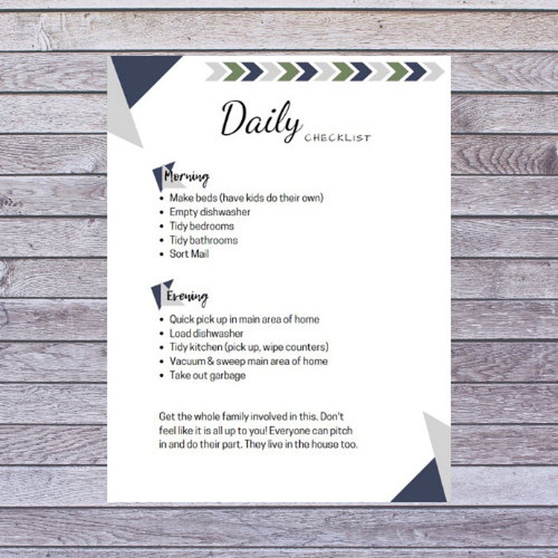 May include: A white Daily Checklist with a wooden background. The checklist includes morning and evening tasks such as making beds, emptying the dishwasher, tidying bedrooms and bathrooms, and taking out the garbage. The text encourages family participation.