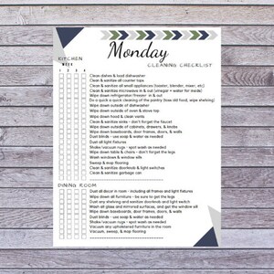 May include: A printed cleaning checklist for Monday, with sections for the kitchen and dining room. The checklist includes tasks like cleaning appliances, wiping surfaces, and dusting. The design features geometric shapes and a wooden background.