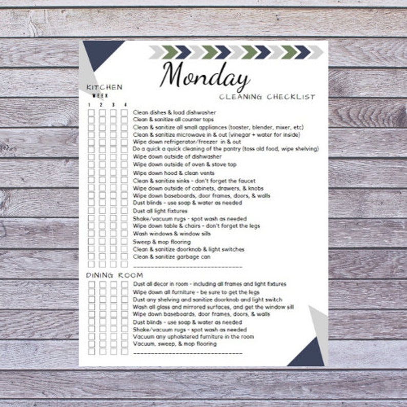 May include: A printed cleaning checklist for Monday, with sections for the kitchen and dining room. The checklist includes tasks like cleaning appliances, wiping surfaces, and dusting. The design features geometric shapes and a wooden background.