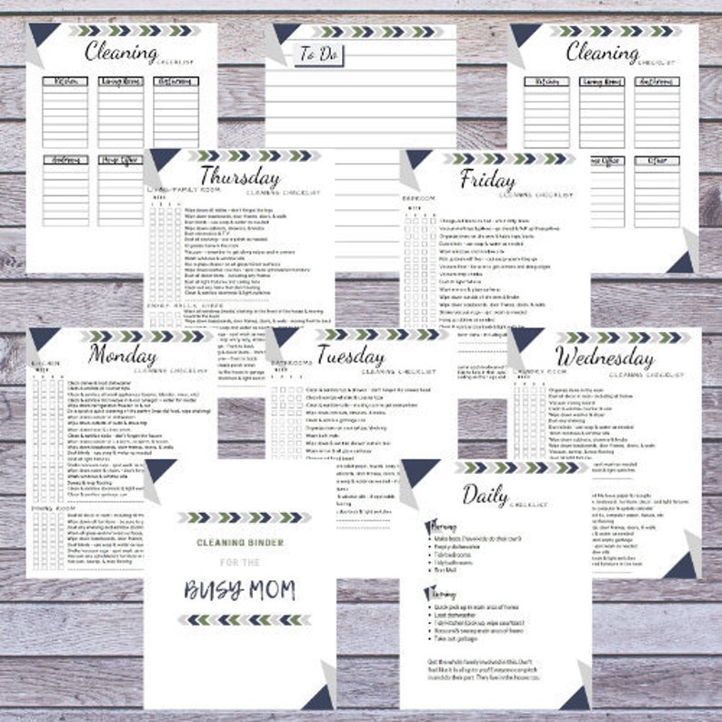 May include: A collection of printable cleaning checklists and to-do lists, featuring a minimalist design with a wooden background. The checklists include daily, weekly, and room-specific tasks, with text that reads "Cleaning Checklist" and "Cleaning Binder for the Busy Mom."