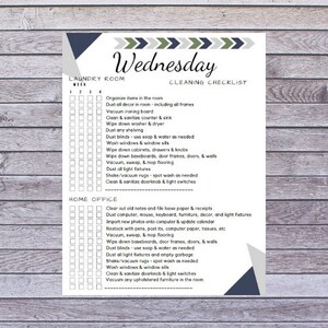 May include: A printable cleaning checklist for Wednesday, with sections for the laundry room and home office. The design features a white background with a wooden texture, and decorative blue and green accents.