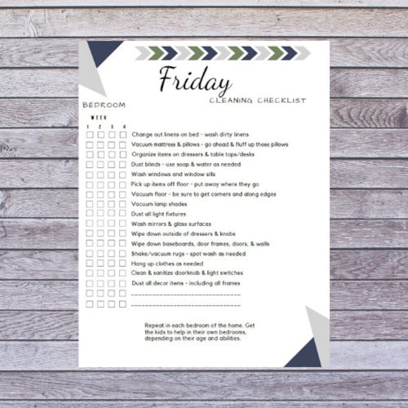 May include: A printable bedroom cleaning checklist for Friday, with a geometric design in blue, green, and gray. The checklist includes tasks like changing linens, vacuuming, dusting, and washing surfaces. The text encourages family participation.