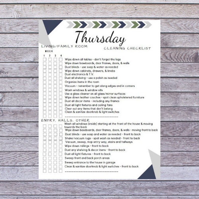 May include: A printed cleaning checklist for Thursday, with sections for the living room and entry areas. The text includes cleaning tasks like wiping tables, dusting, and vacuuming. The design features geometric shapes in shades of blue and green.