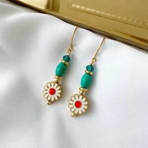 Genuine Turquoise Dangle Earrings, Gold Boho Earrings, Flower dangle earrings