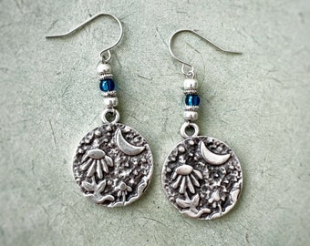 Flower Boho Earrings, Silver Dangle Earrings, Beaded , Natura Hippie Earrings,  Boho Jewelry, Silver Dangle Earrings