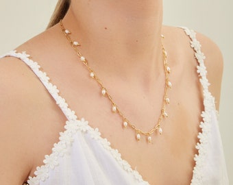 Gold Plated Freshwater Pearl Necklace, Dainty Handmade Jewelry