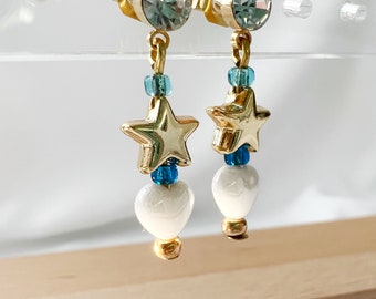 Gold Dangle Star Earrings, Beaded Earrings, Hippie Earrings, Small Stack Earrings, Blue Dangle Earrings