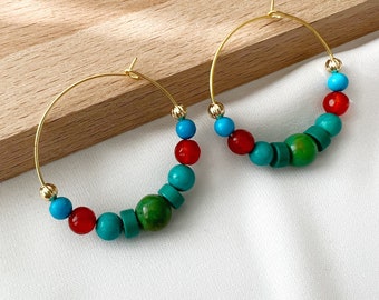 Boho Beaded Hoop Earrings, natural turquoise beads Earrings, Large Beaded Hoops, Colorful Beaded Hoops, Bright Beaded Hoop Earrings