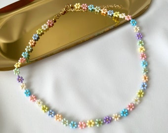 Dainty Seed Bead Flower Necklace, Pastel Daisy Choker