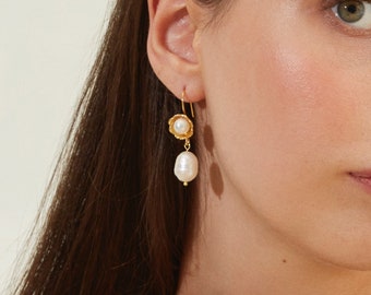 Pearl Drop Earrings, Bridal Jewelry, Flower Wedding Earrings, Bridal Earrings Pearl, Pearl Dangle Earrings, Gold Plated Brass Pearl Earrings