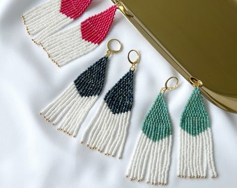 Green, Blue, Red beaded earrings, seed bead earrings, beaded fringe earrings modern fringe earrings summer earrings