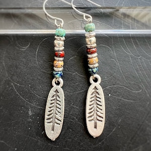 Pine Tree Earrings, Ethnic Earrings, Silver Dangle Beaded Earrings, Hippie Earrings, Boho Earrings, Small Stack Earrings, Nature Earrings