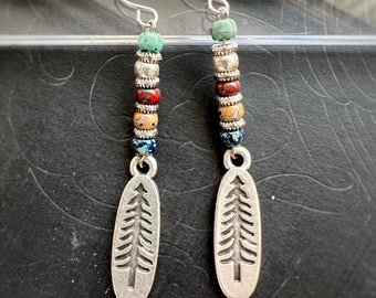 Pine Tree Earrings, Ethnic Earrings, Silver Dangle Beaded Earrings, Hippie Earrings, Boho Earrings, Small Stack Earrings, Nature Earrings