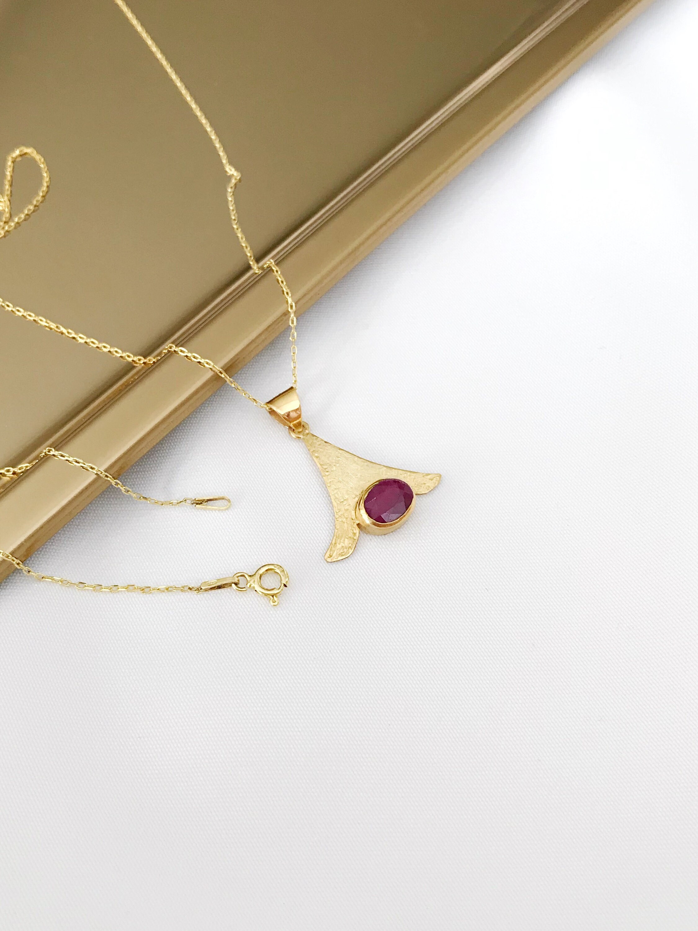 Gold Plated Sterling Silver Ruby Necklace, Handmade Triangle Pendant - Etsy
