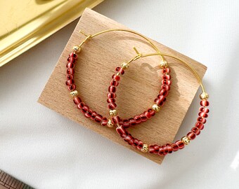 Gold Boho hoop earrings, Seed Beaded hoop earrings red hoop earrings