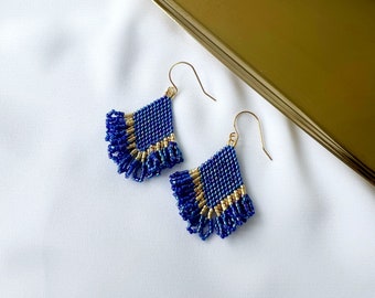 Blue Boho beaded earrings, seed bead earrings, beaded fringe earrings, summer earrings summer jewelry