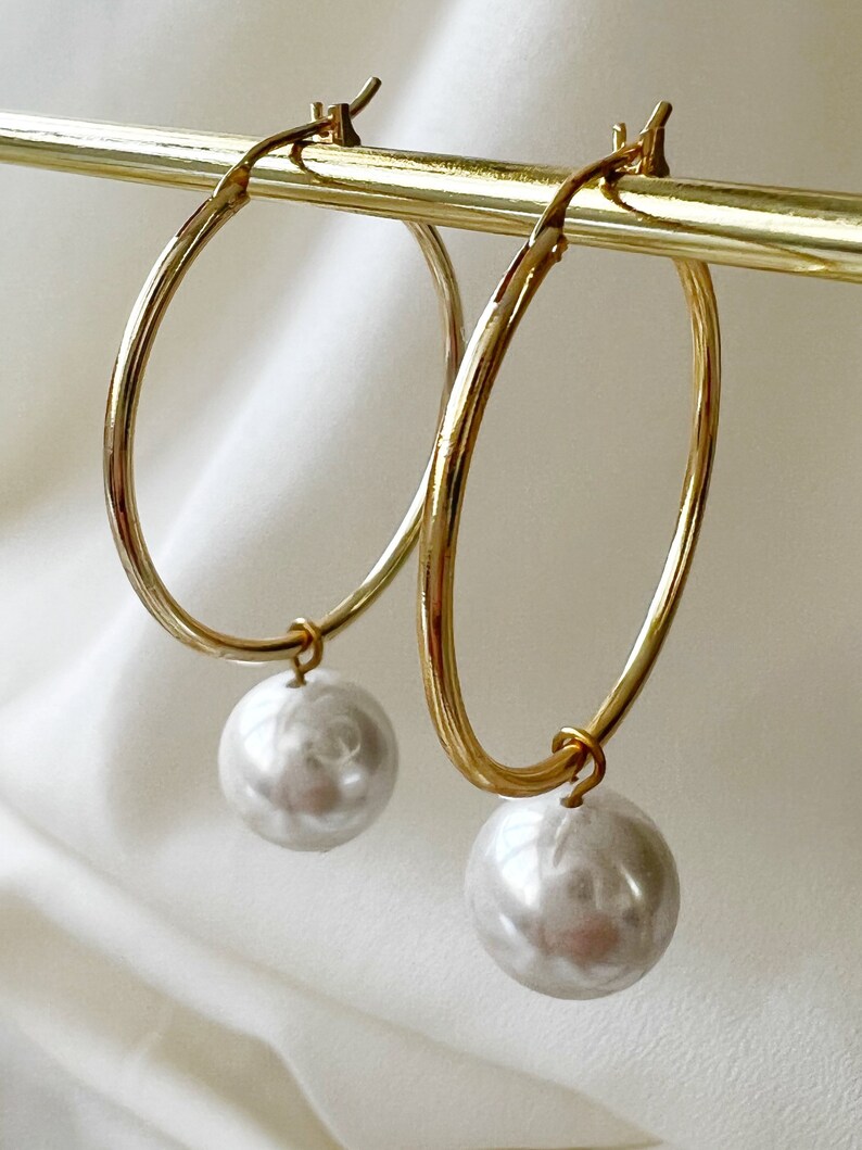 Pearl Hoop Earrings, Dainty Pearl Hoops Earrings, Gold Pearl Hoops, Bridesmaid Earrings Gifts image 5