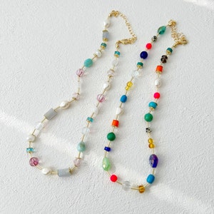 Colorful beaded friendship necklace, multicolored beaded necklace, semiprecious bead necklace, gold layering necklace