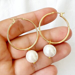 Pearl Hoop Earrings, Dainty Pearl Hoops Earrings, Gold Pearl Hoops, Bridesmaid Earrings Gifts image 2