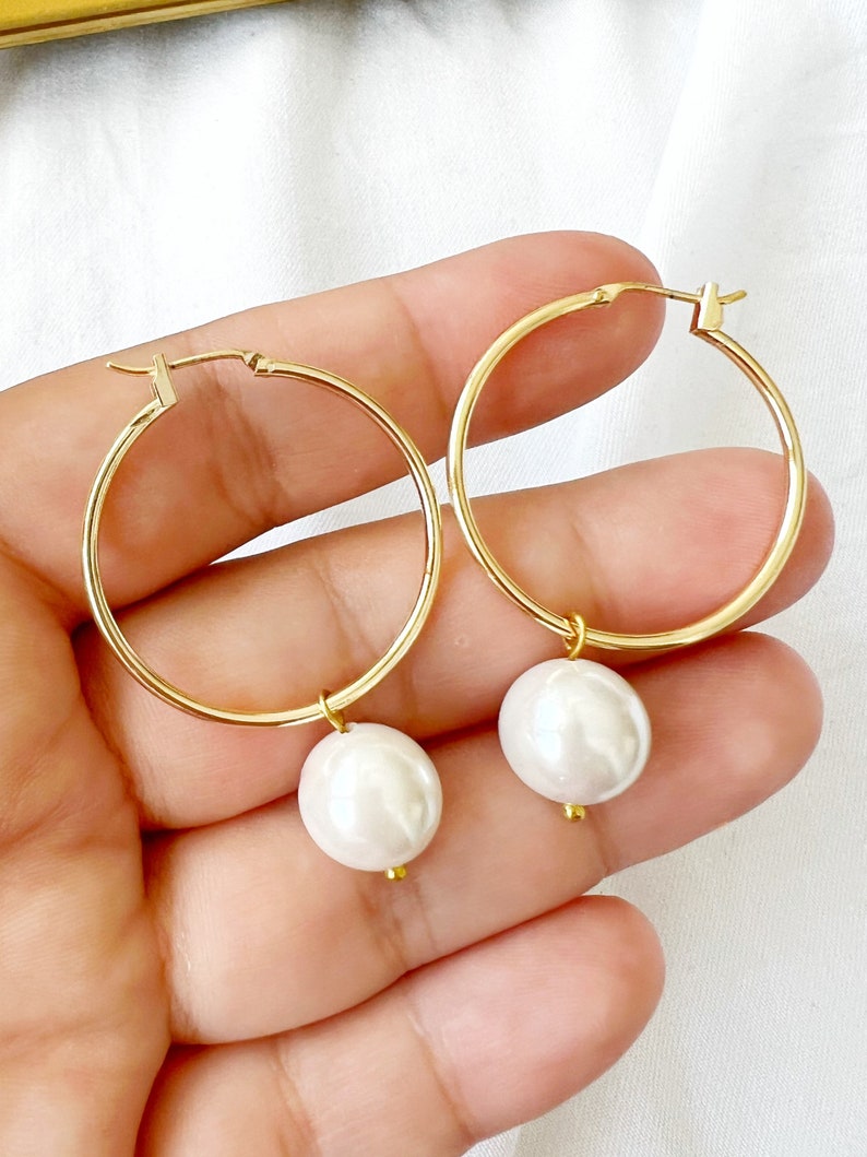 Pearl Hoop Earrings, Dainty Pearl Hoops Earrings, Gold Pearl Hoops, Bridesmaid Earrings Gifts image 2