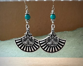 Turquoise beaded earrings, Silver Mandala Earrings, Silver dangle earrings, hippie dangle earrings, bohemian drop earrings, boho earrings