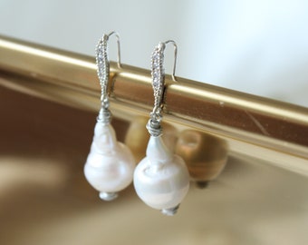 Silver Fireball Pearl Earrings, Big Baroque Pearl Earrings, Handmade Bridal Jewelry, Christmas Gifts, Christmas Jewelry