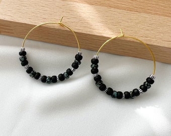 Black hoops, Seed Beaded hoop earrings, Gold Boho hoop earrings, bohemian hoop earrings