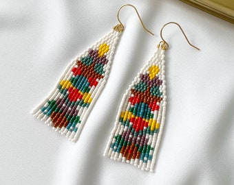 Colourful beaded earrings, modern beaded earrings, beaded fringe earrings, handwoven beaded earrings