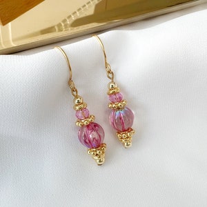 Pink Dangle Earrings, Gold Boho earrings, beaded crystal earrings